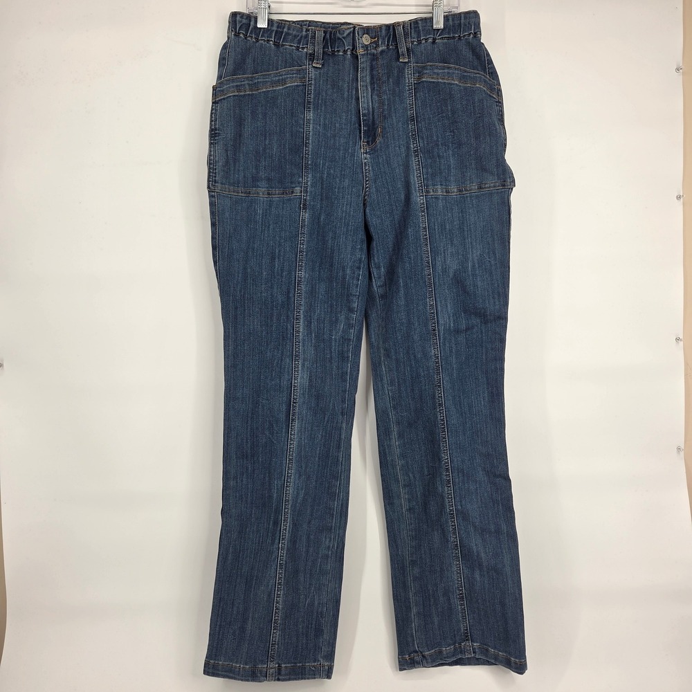 Judy Blue Straight Leg Jeans 15/32 Blue Seam Detail Elastic Waist JB88749 MD